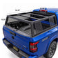 Black truck bed canopy rack installed on the bed of a blue Frontier truck, shown from the rear three-quarter angle with overlaid dimension labels on a white background.