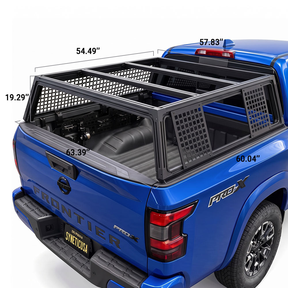 Black truck bed canopy rack installed on the bed of a blue Frontier truck, shown from the rear three-quarter angle with overlaid dimension labels on a white background.
