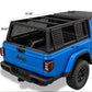 Black truck bed cargo cage installed on the bed of a blue Jeep, with overlaid dimension labels showing measurements in inches.