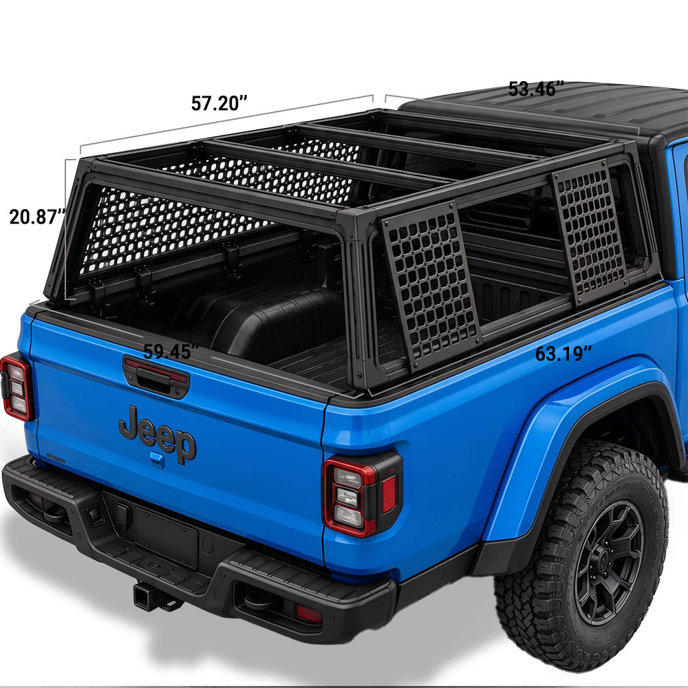 Black truck bed cargo cage installed on the bed of a blue Jeep, with overlaid dimension labels showing measurements in inches.