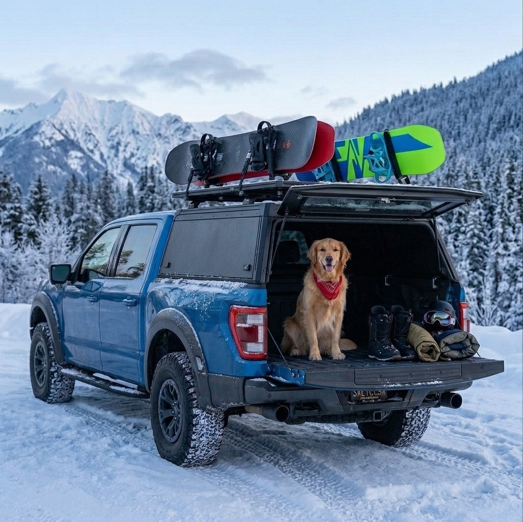 A blue pickup truck in a snowy mountain setting has its rear hatch open, with a golden retriever sitting inside and snowboards strapped to the roof rack. The scene includes trees, snow-covered peaks, and winter gear in the truck bed.