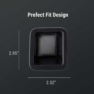 Square component with grid pattern and dimensions on a dark background