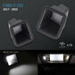 Two car LED license plate lights for Ford F-250 from 2017-2022 with close-up and usage examples.
