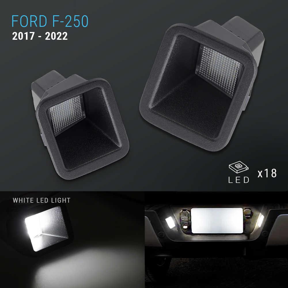 Two car LED license plate lights for Ford F-250 from 2017-2022 with close-up and usage examples.