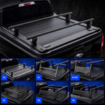 syneticusa truck bed cover with crossbars shown installed on a Ford Maverick truck, plus six smaller inset options labeled CB, R1, R1+SP, R2, R3, and R6 on a blue background.