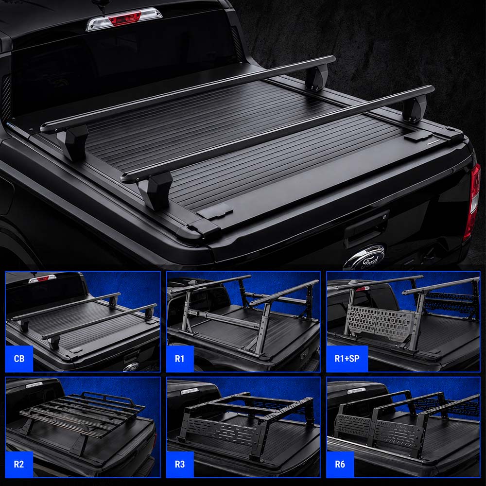 syneticusa truck bed cover with crossbars shown installed on a Ford Maverick truck, plus six smaller inset options labeled CB, R1, R1+SP, R2, R3, and R6 on a blue background.