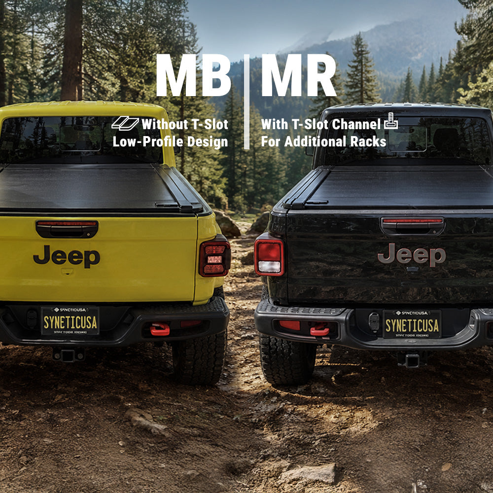 Two Jeep trucks shown from the rear in a forest setting, labeled MB and MR to compare T-slot channel designs. The left truck is yellow with a low-profile design, and the right truck is black with an additional rack option.