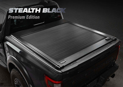 syneticusa premium edition stealth black series tonneau cover installed on black f-150 raptor