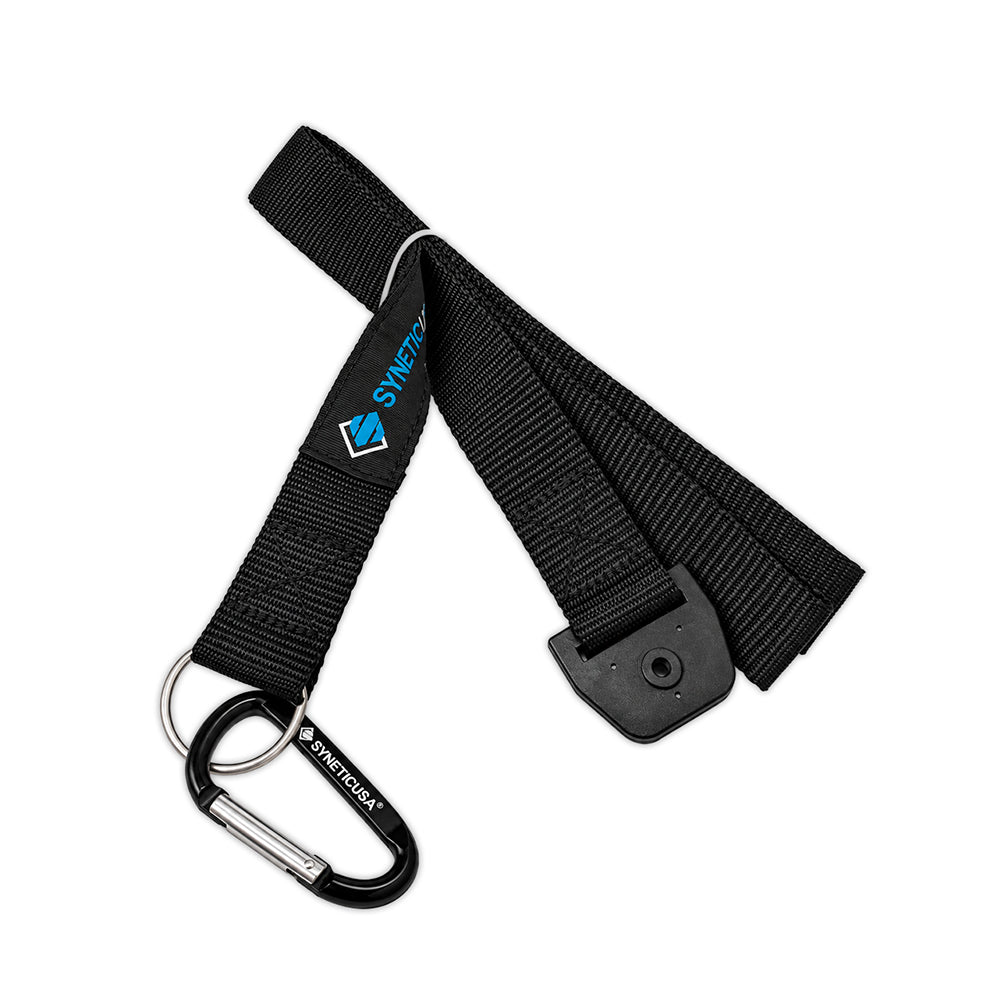 Black nylon keychain strap with a black carabiner, metal ring, and a black plastic snap hook, featuring the SYNTHETIC brand logo.