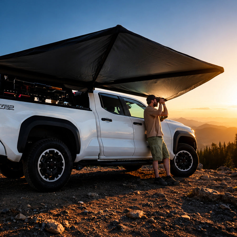 A man stands beside a white pickup truck parked on a rocky mountain trail at sunset, using a large black camping canopy attached to the truck bed. The background shows a glowing mountain landscape under a blue sky.