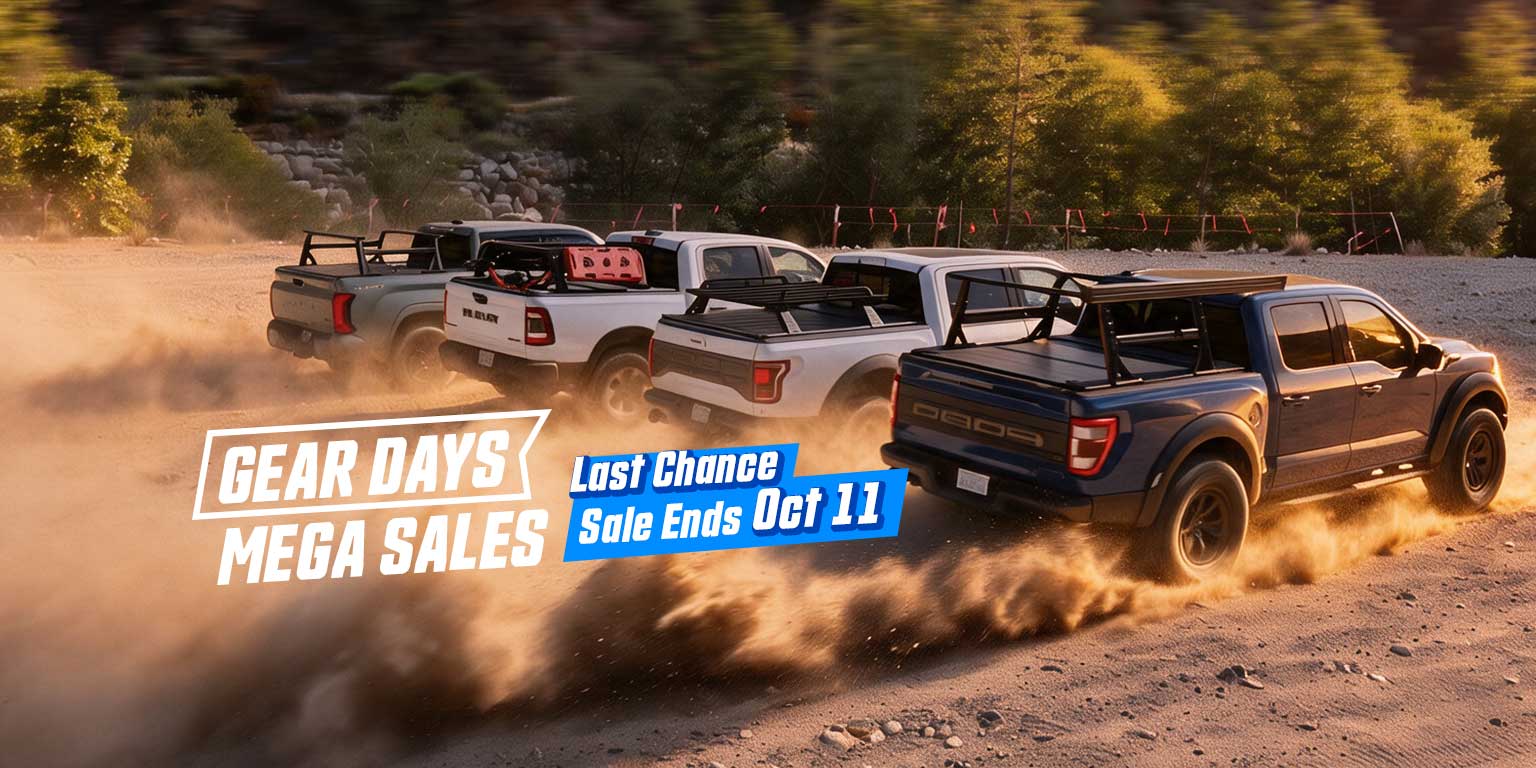 Three pickup trucks driving off-road in a dusty outdoor setting, with promotional text overlays reading 'prime Days Mega Sales' and 'Last Chance Sale Ends Oct 11'.