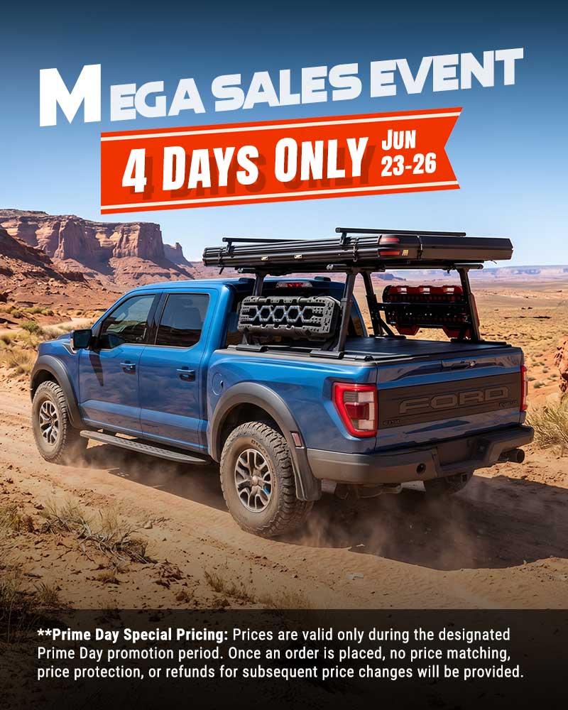 Blue Ford truck on a dirt road with desert landscape and promotional text overlay.