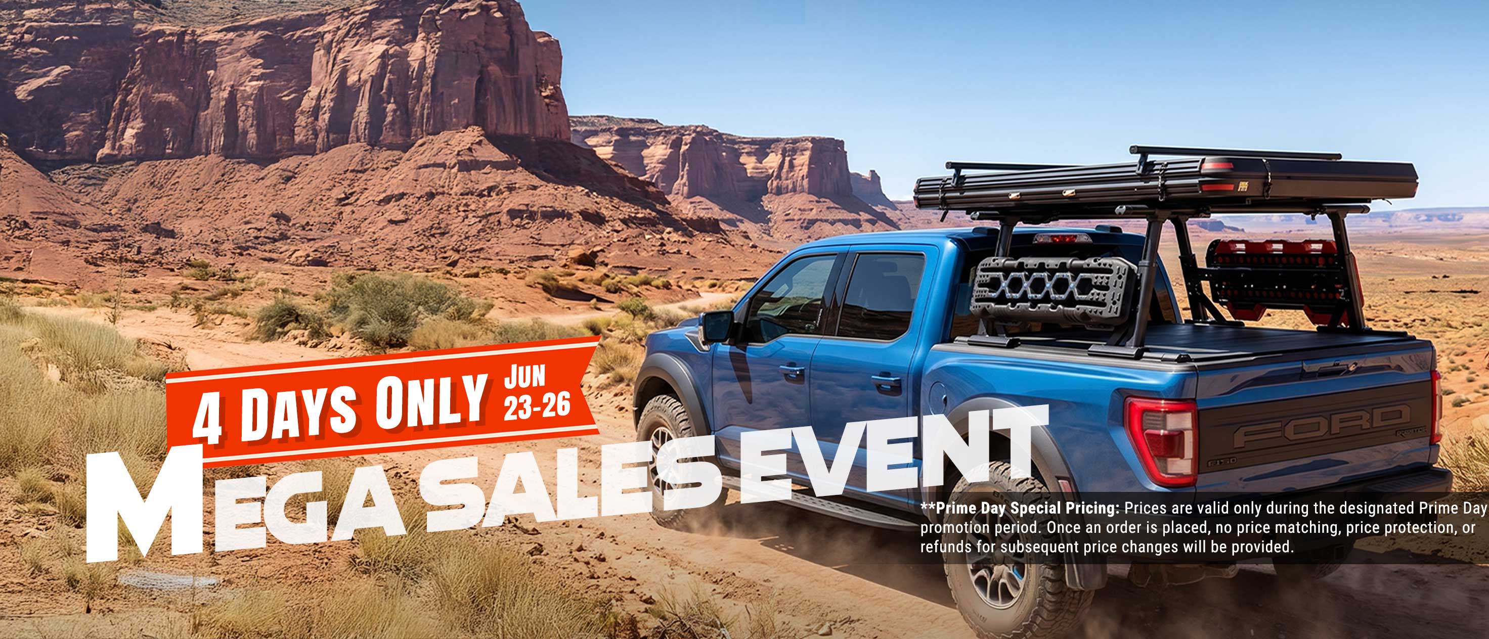 Blue truck with roof rack in desert landscape, Mega Day sale text overlay