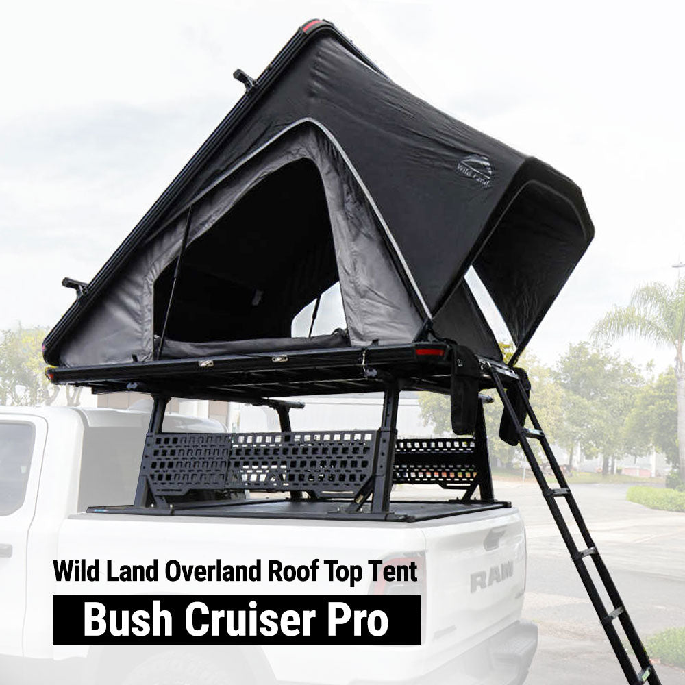 Wild Land Overland Roof Top Tent Bush Cruiser Pro on a vehicle with a blurred outdoor background