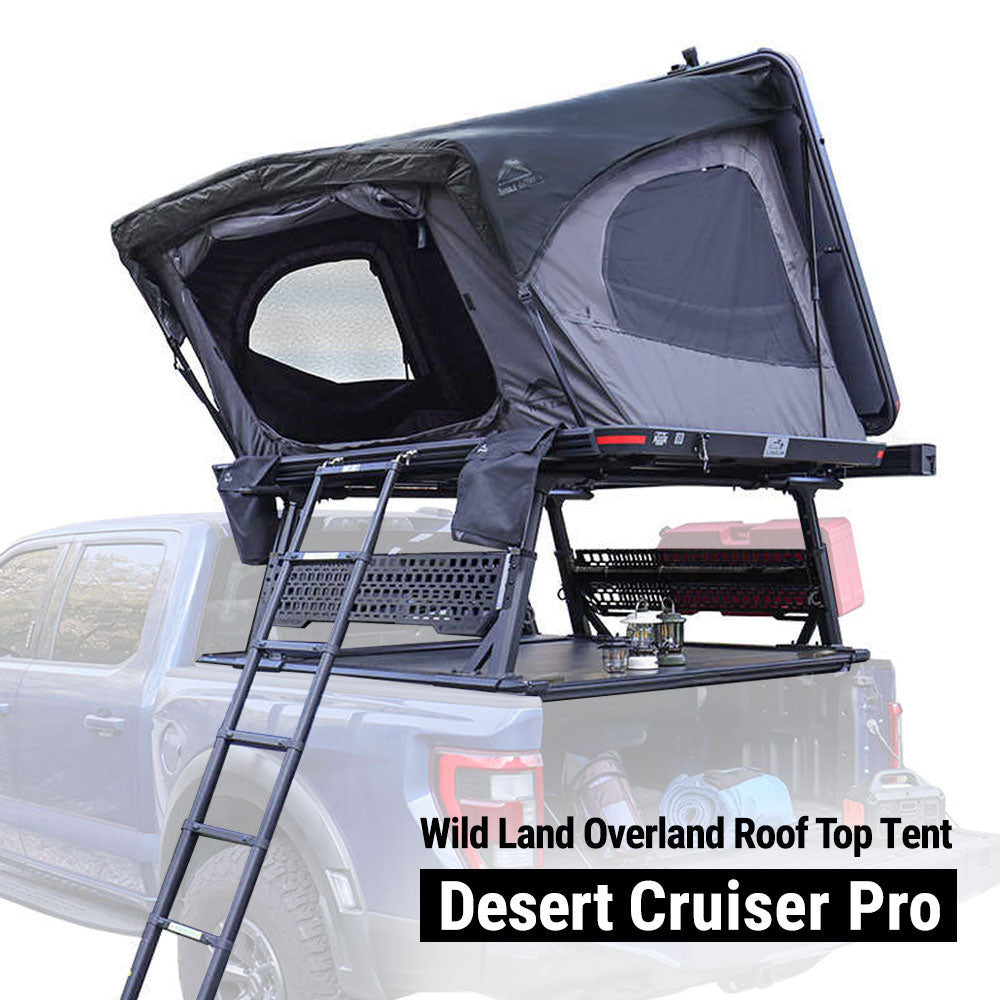 Wild Land Overland Roof Top Tent Bush Cruiser Pro on a vehicle with a blurred outdoor background