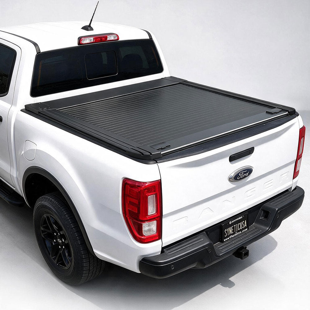 A black roll-up truck bed cover installed on the bed of a white Ford Ranger pickup truck, shown from a rear three-quarter angle on a light gray studio background.