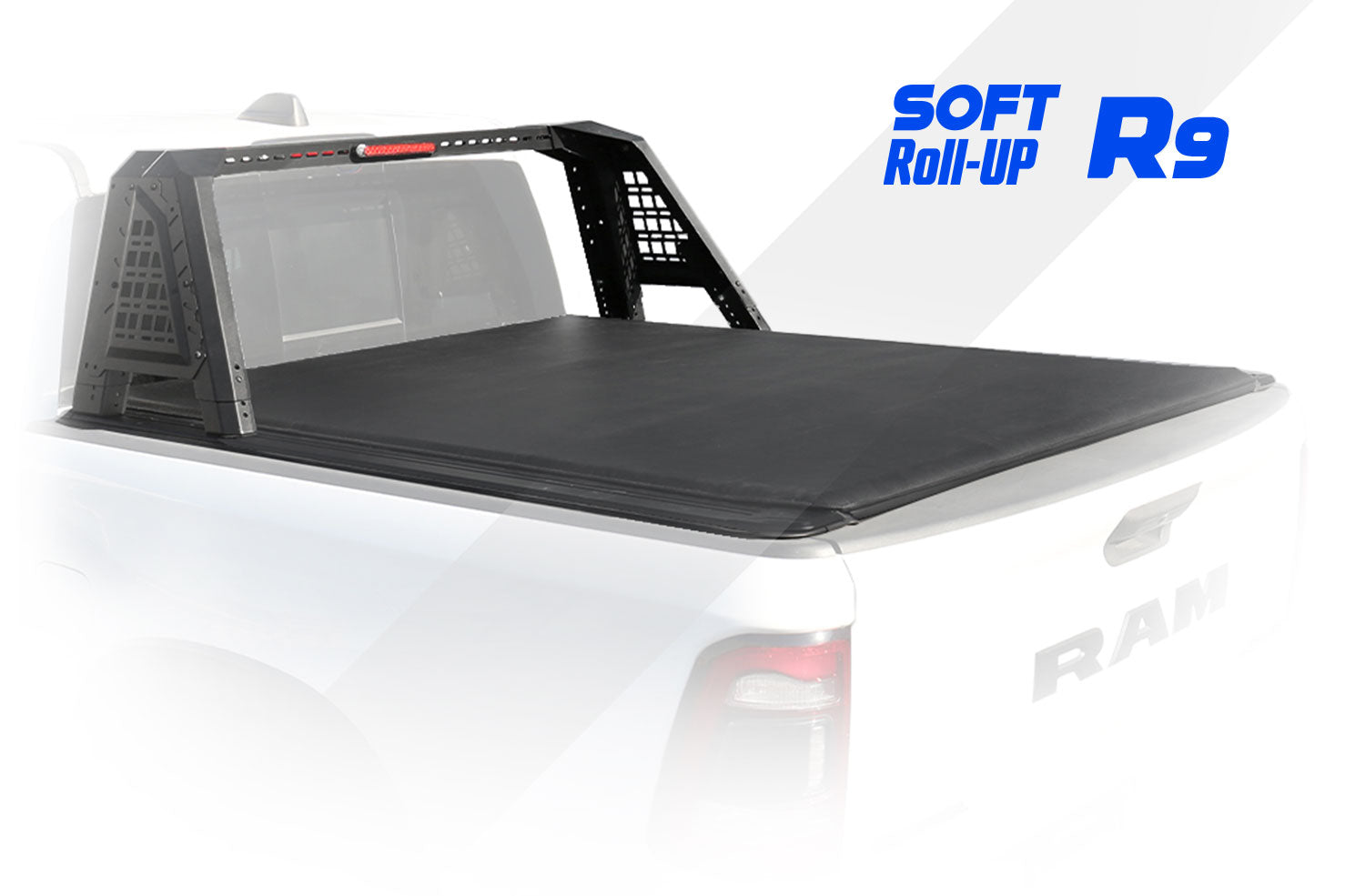 Car bed cover with 'SOFT Roll-Up R9' branding on a white background