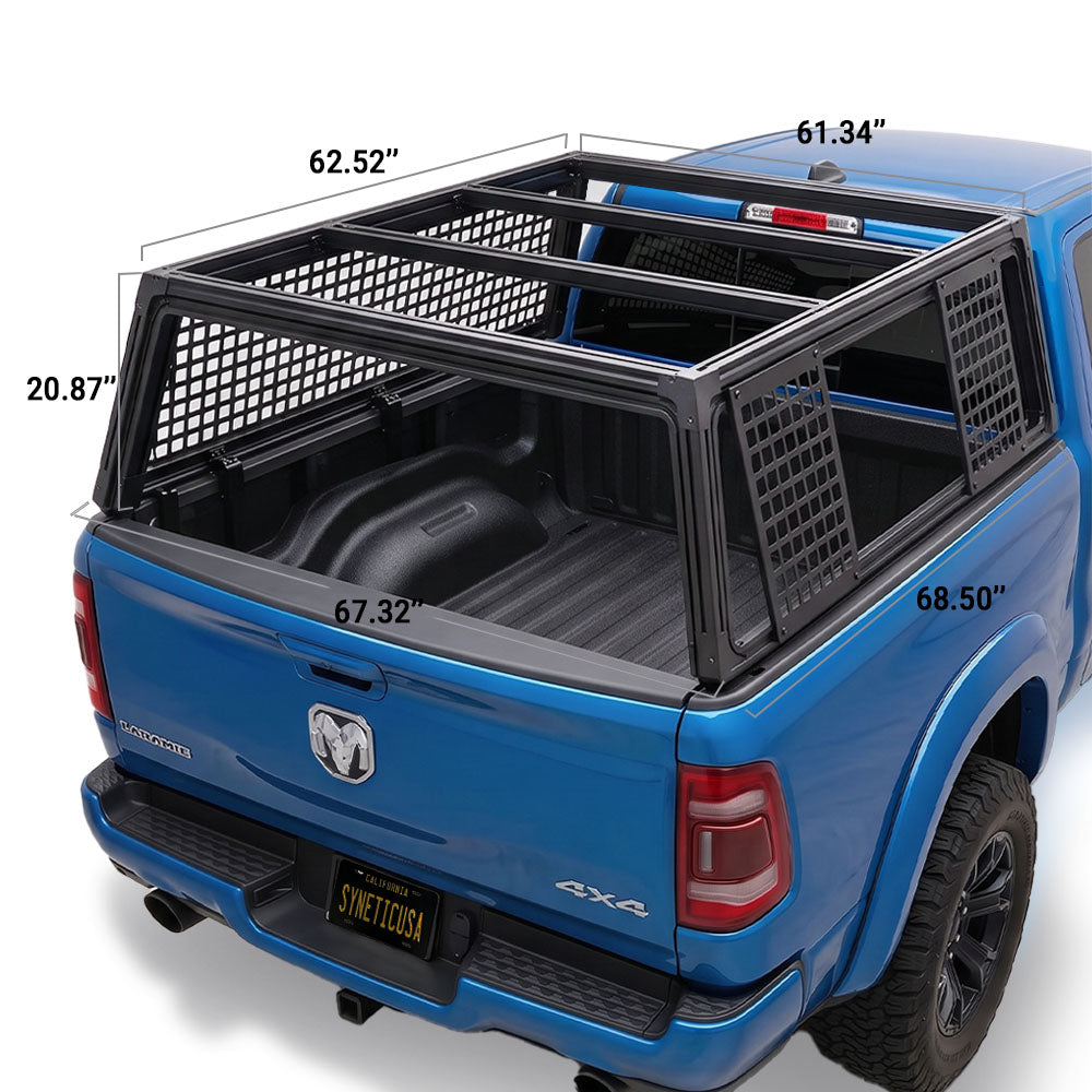 Black metal truck bed canopy rack with side mesh panels and top crossbars shown mounted on the bed of a blue RAM truck. White dimension lines and text labels indicate measurements around the rack.
