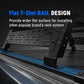 Close-up of a black metal rack system with blue rails in a truck bed, featuring text that reads 'Flat T-Slot RAIL DESIGN' and 'Provide wider flat surface for installing other popular brand's rack system.'.
