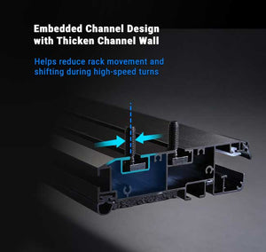 Technical product diagram of a black metal channel rail profile with blue highlighted embedded channel details and text explaining enhanced stability during high-speed turns.