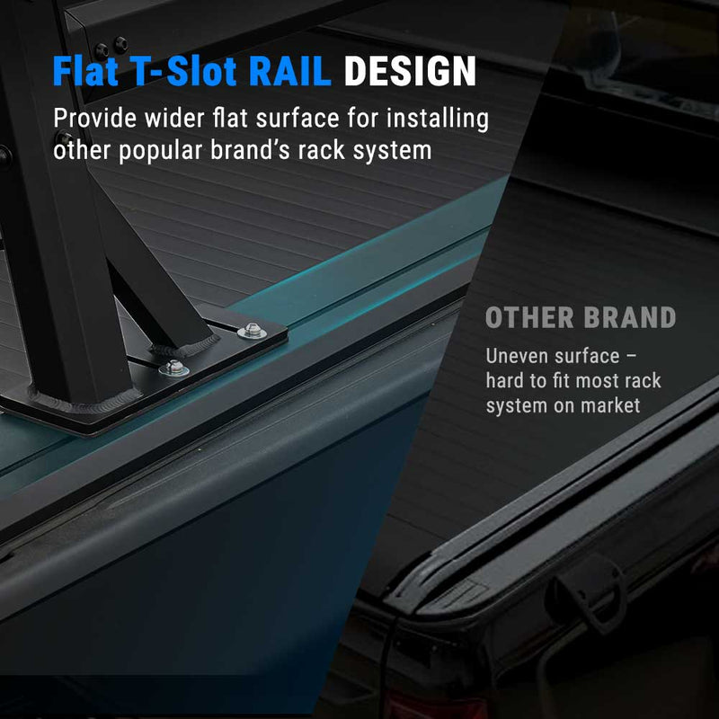 Comparison of flat T-slot rail design with another brand's rack system on a dark background.