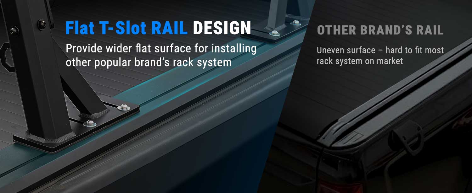 Comparison of flat T-slot rail design with another brand's rail on a dark background