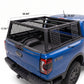 Blue Ford Ranger pickup truck with a FMC basecamp rack and side mesh grates shown on a white background, with dimension labels overlaid on the product.