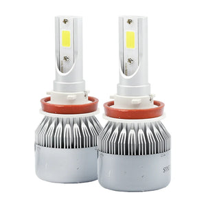 A pair of high/low beams LED light bulbs with a white and silver color scheme, designed for use in vehicle headlight assemblies.