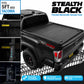 Stealth Black premium retractable tonneau cover for 5ft Tacoma bed, showing truck with cover closed and open.