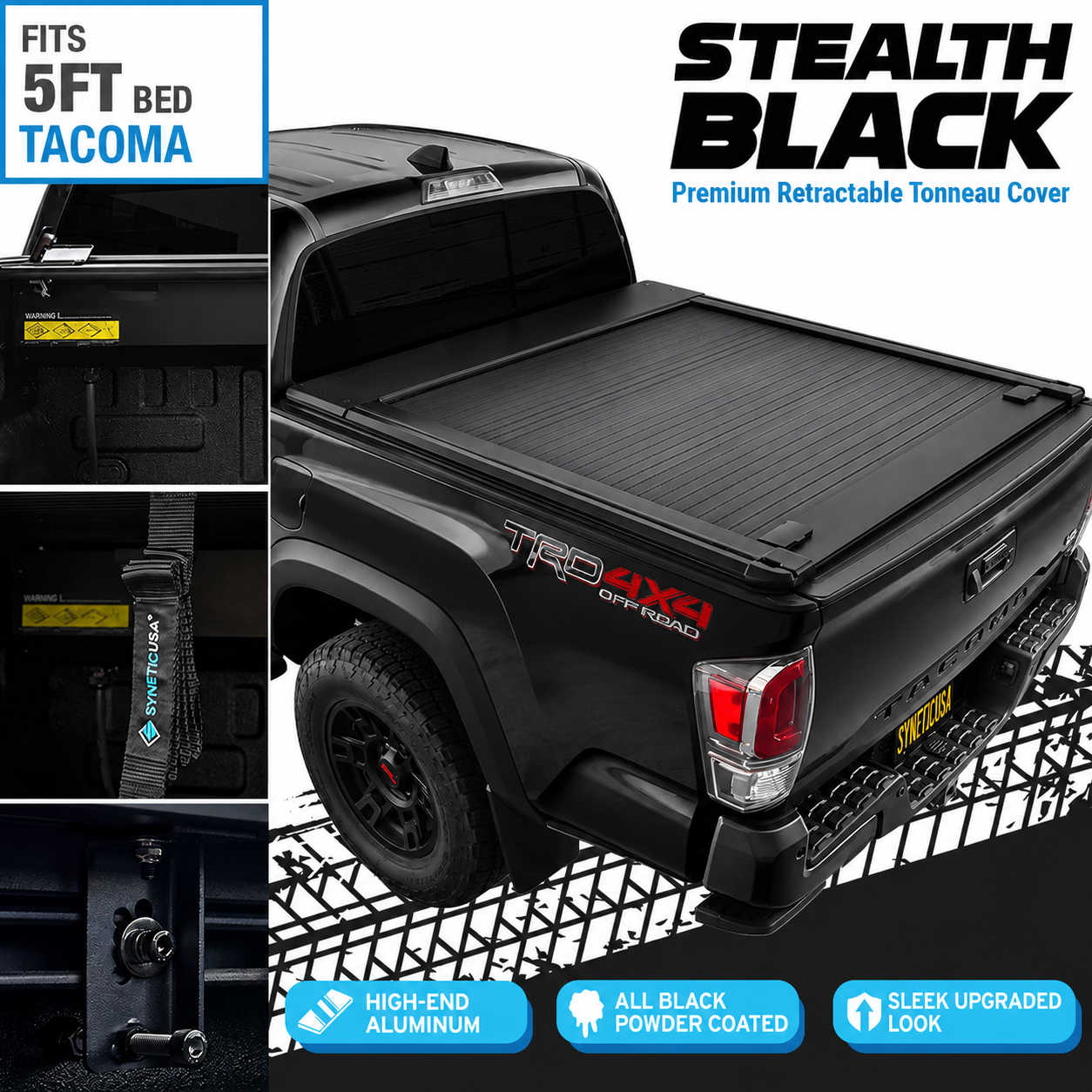 Stealth Black premium retractable tonneau cover for 5ft Tacoma bed, showing truck with cover closed and open.