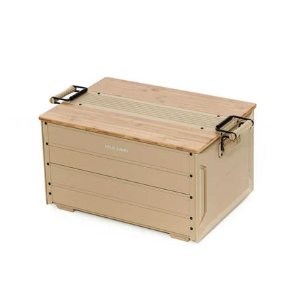 A beige and light wood outdoor storage box with black metal handles, shown on a clean white background. The brand name 'WILD LAND' is printed on the front.