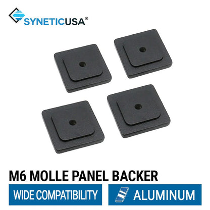 Four black M6 Molle panel backers with SyneticUSA branding on a white background.