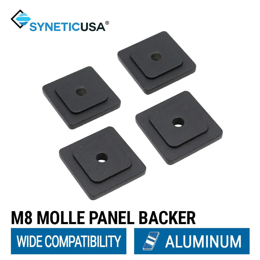 Four black M8 Molle panel backers with SyneticUSA branding on a white background.