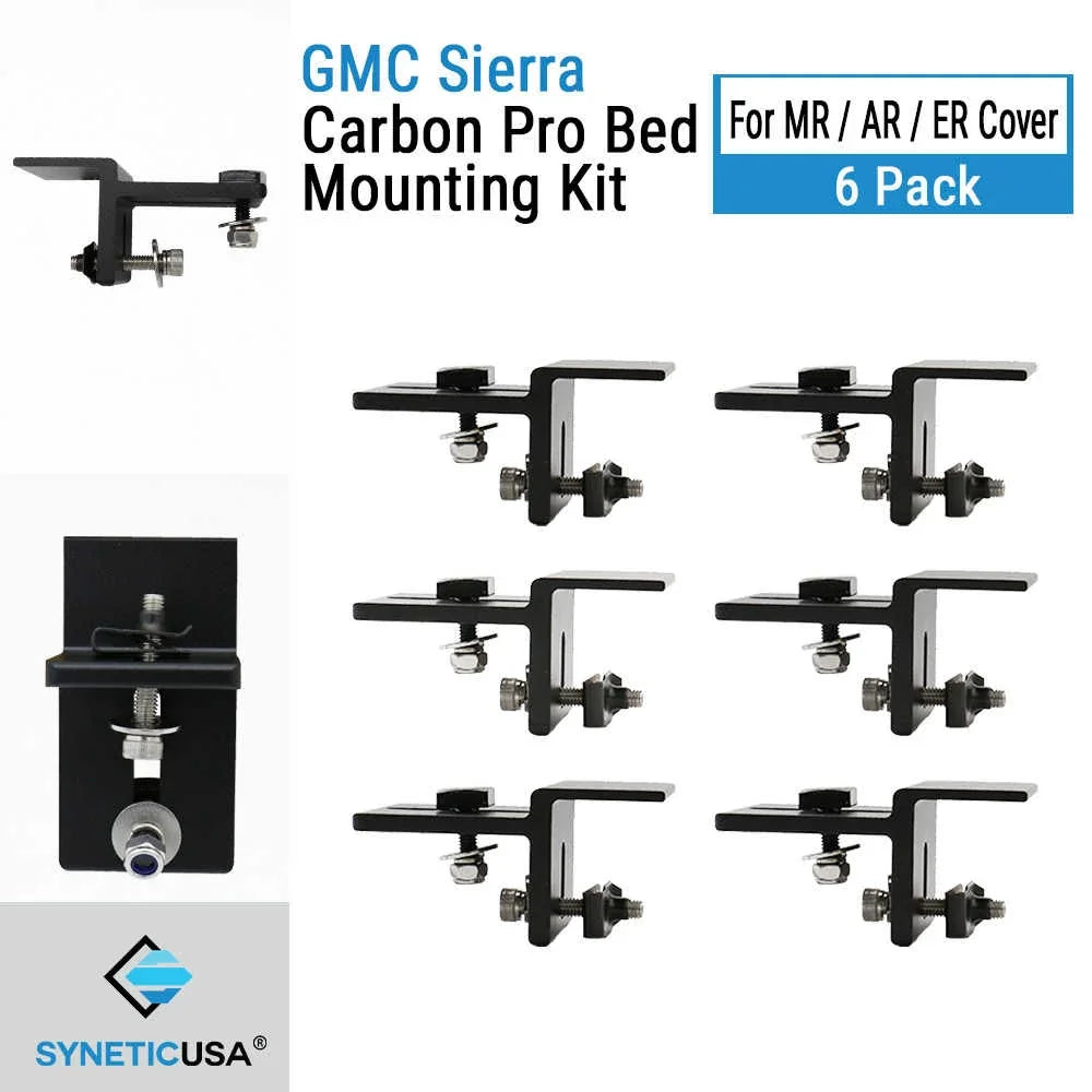 Six black mounting brackets arranged on a white background, with two larger close-up views of the bracket hardware. Text reads 'GMC Sierra Carbon Pro Bed Mounting Kit' and 'For MR / AR / ER Cover 6 Pack,' with the SYNETICUSA brand logo at the bottom left.