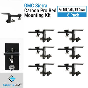 Six black mounting brackets arranged on a white background, with two larger close-up views of the bracket hardware. Text reads 'GMC Sierra Carbon Pro Bed Mounting Kit' and 'For MR / AR / ER Cover 6 Pack,' with the SYNETICUSA brand logo at the bottom left.