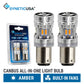 Two silver and amber canbus all-in-one 1157 light bulbs shown next to their retail blister packaging, with product features highlighted at the bottom.