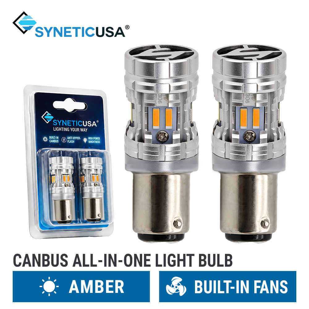 Two silver and amber canbus all-in-one 1157 light bulbs shown next to their retail blister packaging, with product features highlighted at the bottom.
