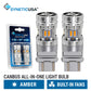 Two silver Syneticusa canbus all-in-one 3157 3156 light bulbs shown next to their blue retail blister packaging, with text highlighting amber light and built-in fans.