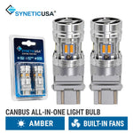 Two silver Syneticusa canbus all-in-one 3157 3156 light bulbs shown next to their blue retail blister packaging, with text highlighting amber light and built-in fans.
