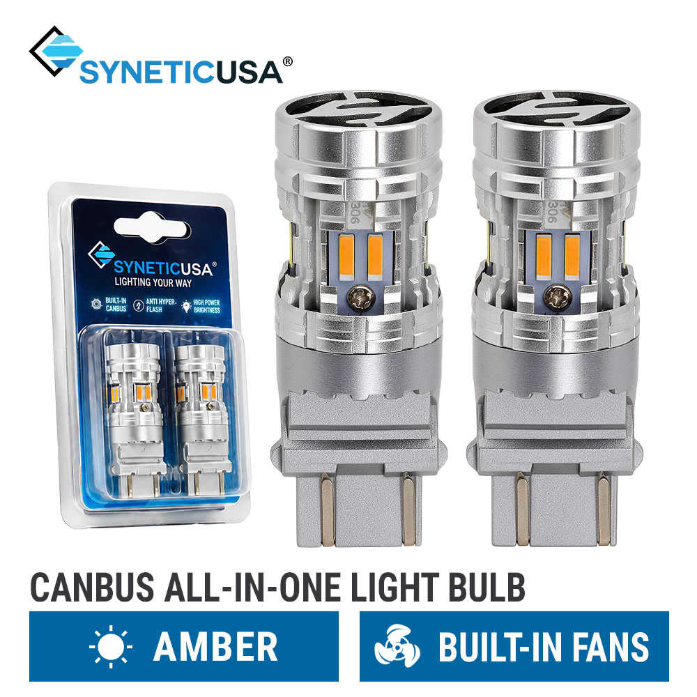 Two silver Syneticusa canbus all-in-one 3157 3156 light bulbs shown next to their blue retail blister packaging, with text highlighting amber light and built-in fans.
