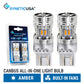Two silver Syneticusa canbus all-in-one 7443 LED light bulbs with built-in fans, shown alongside their blue retail blister packaging on a white background with product feature banners.