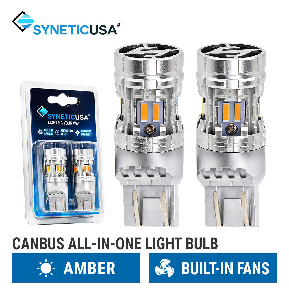 Two silver Syneticusa canbus all-in-one 7443 LED light bulbs with built-in fans, shown alongside their blue retail blister packaging on a white background with product feature banners.