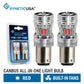 Two silver SyneticUSA canbus all-in-one 1157 LED light bulbs with built-in fans and red accents, shown alongside their blue retail blister packaging on a white background.
