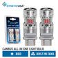 Two silver SyneticUSA canbus all-in-one 3157 light bulbs with built-in fans and red LED accents, shown alongside their blue retail blister packaging on a white background with product text overlays.
