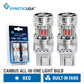 Two Syneticusa red all-in-one car light 7443 bulbs with built-in fans, shown alongside their retail blister packaging on a white background with product text overlays.
