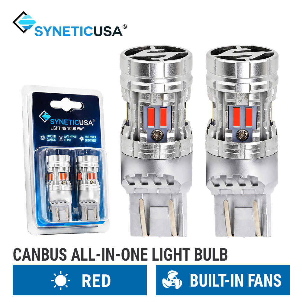 Two Syneticusa red all-in-one car light 7443 bulbs with built-in fans, shown alongside their retail blister packaging on a white background with product text overlays.