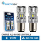 Two silver all-in-one LED light bulbs with built-in fans shown next to their blue and white retail blister packaging. The brand name 'SYNETICUSA' is visible at the top and on the packaging.