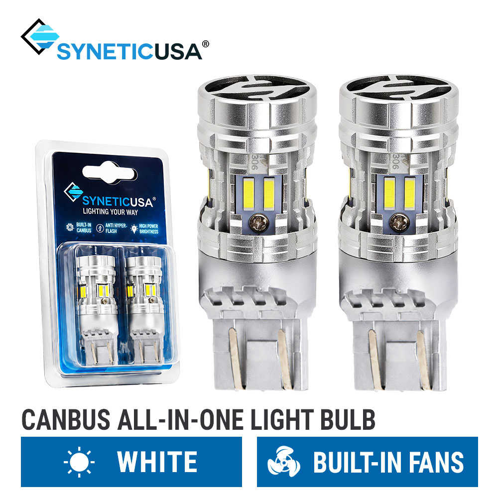 Two Syneticusa white all-in-one LED light bulbs with built-in fans, shown alongside their original blue and white retail blister packaging on a white background with product feature text at the bottom.