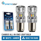 Two SyneticUSA canbus all-in-one switchback 1157 LED light bulbs shown alongside their retail blister packaging, with text indicating white/amber and built-in fans.