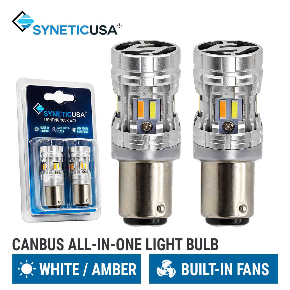 Two SyneticUSA canbus all-in-one switchback 1157 LED light bulbs shown alongside their retail blister packaging, with text indicating white/amber and built-in fans.